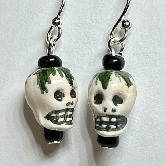 Skull Earrings Ceramic Bead Skeleton Halloween Goth Gothic Dangle Silver Plated - Picture 10 of 12